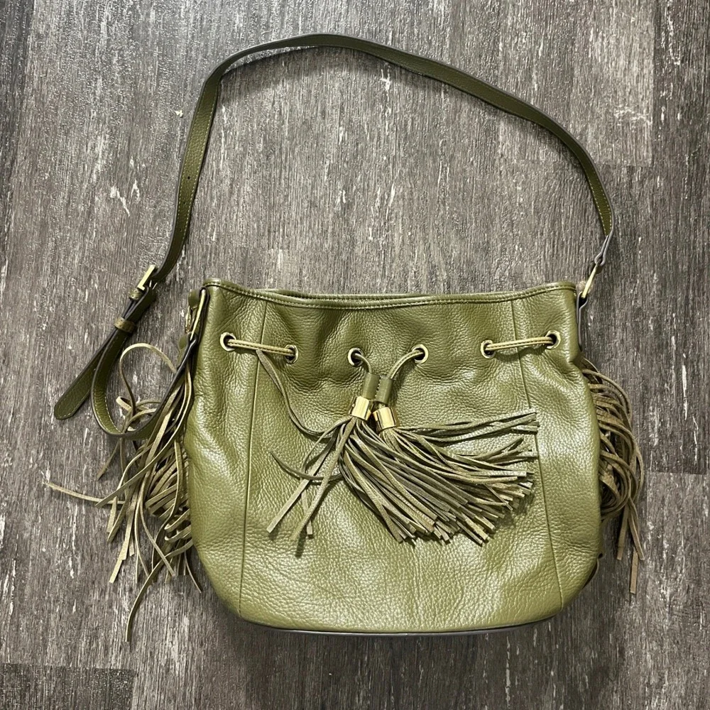 GILI Genuine Leather Olive Green Fringed Bucket Bag Crossbody Purse